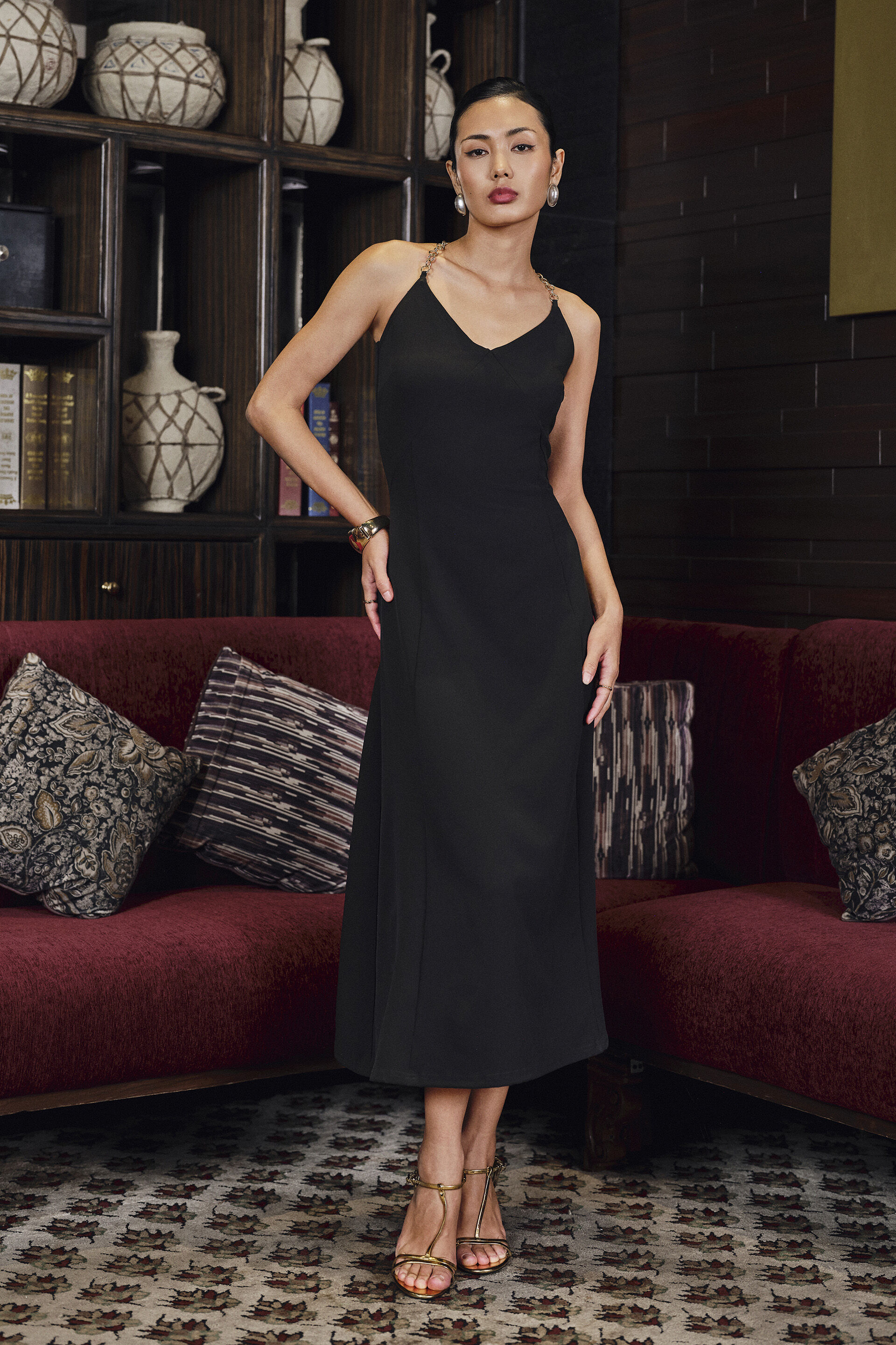 Chain Strap Midi Dress in Black